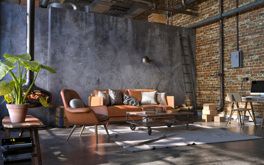 Industrial style of dark living room interior, 3d render