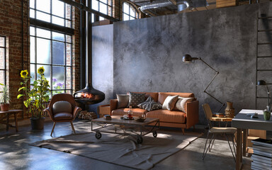 Industrial style of dark living room interior, 3d render