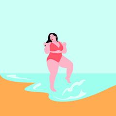 Woman in swimsuit on the sea or ocean beach. A beautiful girl splashes in the ocean. Summer vacation or luxury vacation. Flat vector illustration.poster