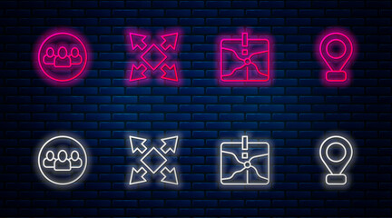 Set line Many ways directional arrow, Intersection point, Project team base and Location. Glowing neon icon on brick wall. Vector