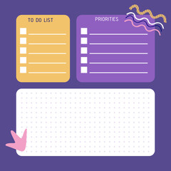 Templates of to-do lists, notes, tasks, and cost lists. A planner for the organization of time. Abstract background.