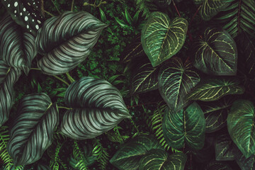Naklejka na ściany i meble A group of green leaves of various varieties, dark tones. Tropical pine forest background or pattern with green leaves.