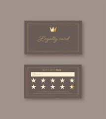 Vector bonus card, loyalty card template with gold crown and stars for coffee company. Luxury design, brown background
