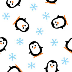 seamless decorative pattern with a cute cartoon penguin and snowflakes