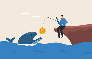 Bitcoin whale concept.  A large trader who owns a large amount of bitcoins or cryptocurrencies. Major holders in influencing market prices fluctuate.