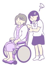 ヤングケアラー　重度認知症の祖母の車いすを押す小学生の女の子のイラスト