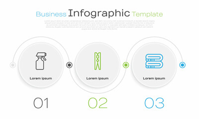Set line Water spray bottle, Clothes pin and Towel stack. Business infographic template. Vector