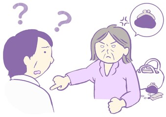 認知症　もの盗られ妄想　財布がなくなり盗られたと思いこむ高齢女性のイラスト