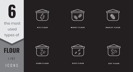 The most used types of flour line icons. Rye, wheat, barley, soy, rice and cor. In lineart, outline, solid, colored styles. For website design, mobile app, software