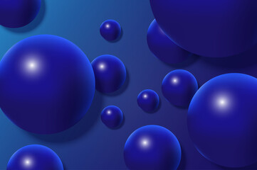 Abstract 3d realistic background with dynamic spheres. Falling blue balls with glossy shining surface on dark backdrop. Minimal wallpaper with plastic bubbles composition design. Illustration.