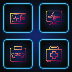 Set line First aid kit, X-ray shots with broken bone, Monitor cardiogram and Heart rate. Gradient color icons. Vector