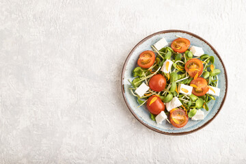 Vegetarian salad of tomatoes, marigold, microgreen, feta cheese on gray. Top view, copy space.