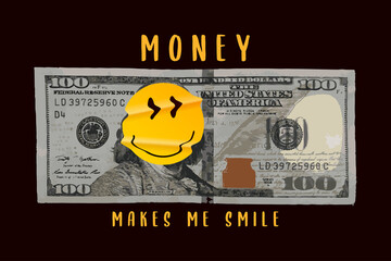 Dollar banknote and crumpled smile illustration for slogan t-shirt design. Tee shirt and apparel print with money and emoji smile. Vector.