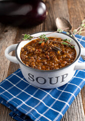 Vegan lentil soup with vegetables and eggplant