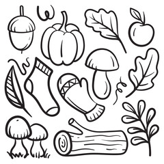 Autumn set of doodles. Engraving isolated on white background.