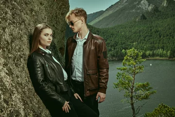 Deurstickers couple in leather jackets © Andrey Kiselev