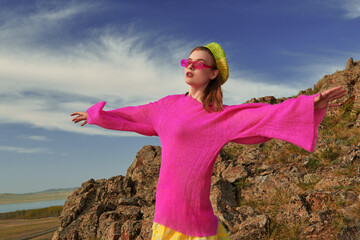 model in bright clothes