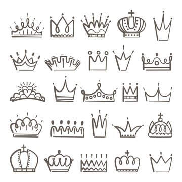 Royal doodle symbols. Crowns sketch, crown diadema tiara for king, queen prince or princess. Isolated luxury business logo, baby neoteric vector emblems