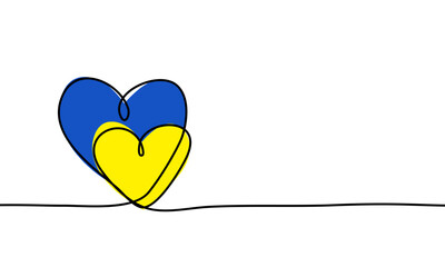 Two hearts embracing each other continuous one line drawing in Ukraine flag colors in supporting Ukraine concept isolated on white background for banner, postcard, poster etc.