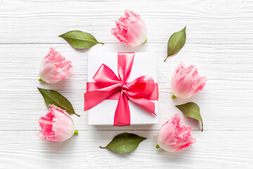 Gift box with pink ribbon. Happy Mothers day greeting card