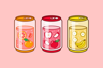 Grapefruit, Apel, and Banana Soda Can Crystal Glass Drawing Illustration Vector