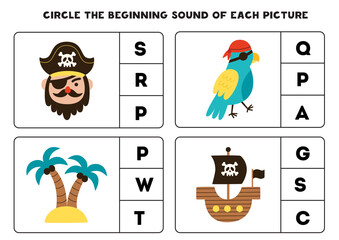 Worksheet for kids. Find the beginning sound of pirate elements.