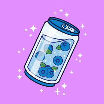 Blueberry Soda Can Crystal Glass Drawing Illustration Vector