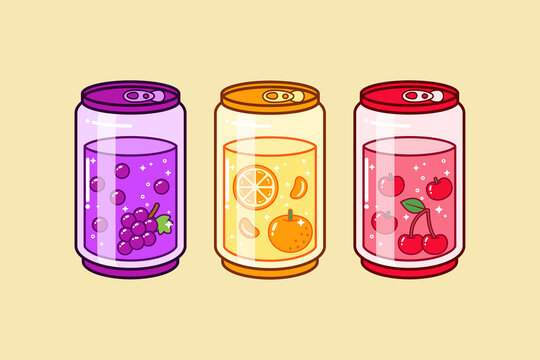 Grape, Orange, and Apple Soda Can Crystal Glass Drawing Illustration Vector