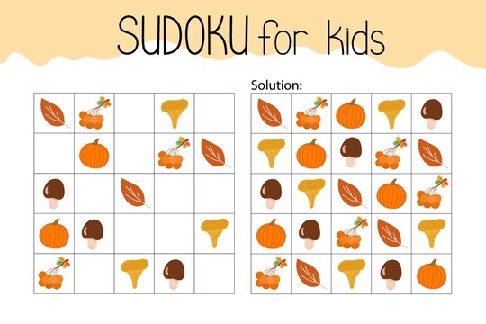Sudoku educational game or leisure activity worksheet vector illustration, printable grid to fill in missing images, autumn topical vocabulary, puzzle with its solution, teachers resources