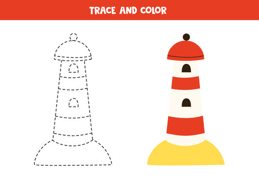 Trace and color lighthouse. Worksheet for children.