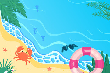 Fototapeta na wymiar Hello summer background in flat cartoon design. Wallpaper with sandy summertime beach with sea waves, palm leaves, rubber ring, sunglasses and other. Illustration for poster or banner template