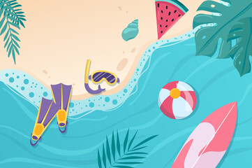 Happy summer background in flat cartoon design. Wallpaper with sandy summer beach with sea, palm leaves, diving mask, surfboard, ball and watermelon. Illustration for poster or banner template
