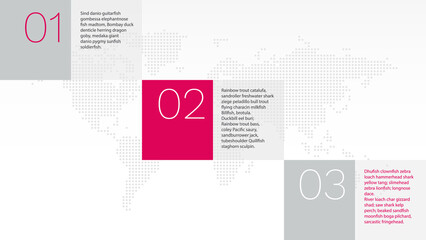 Vector infographic elements for business, presentation, web design, landing page, template, sample. 3 steps with world map dotted symbol