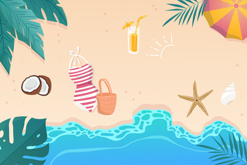 Fototapeta na wymiar Happy summer background in flat cartoon design. Wallpaper with sandy summertime beach with sea, palm leaves, coconut, cocktail, umbrella, swimsuit. Illustration for poster or banner template
