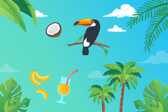 Happy summer background in flat cartoon design. Wallpaper with summertime composition, green palm leaves, jungle foliage, coconut, banana and toucan. Illustration for poster or banner template