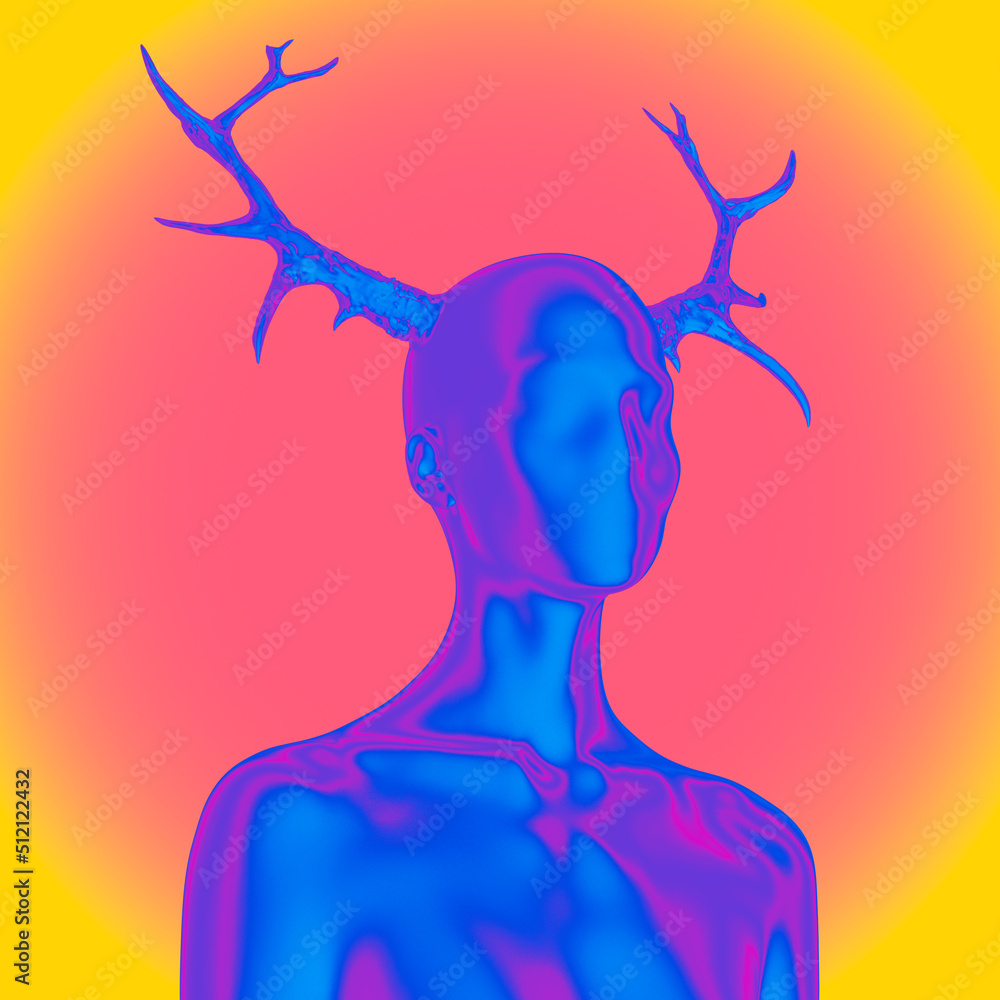 Poster abstract concept illustration from 3d rendering of scary faceless female bust figure with deer devil
