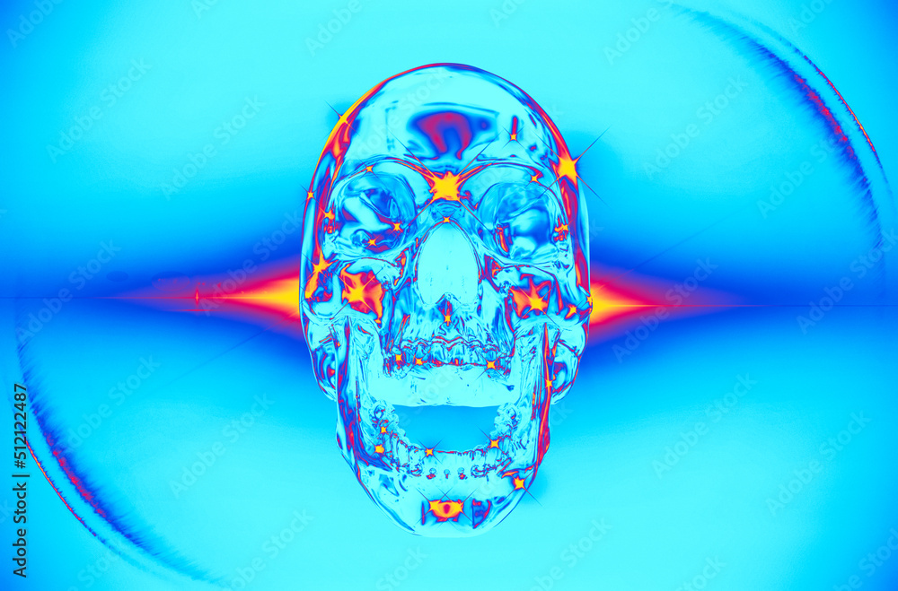 Aufkleber concept 3d rendering illustration of a front view screaming skull made of chrome reflecting metal on