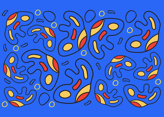 Seamless Pattern in blue, red, and yellow. Abstract decorative shapes backdrop for fabric, textile Etc. , Vector Illustration. 