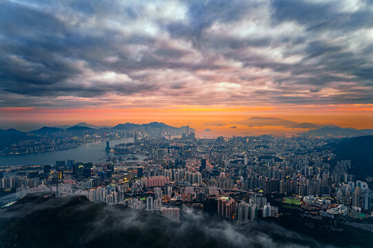 Top view from The kowloon peak, sunset over Kowloon and Hong kong © KamWing