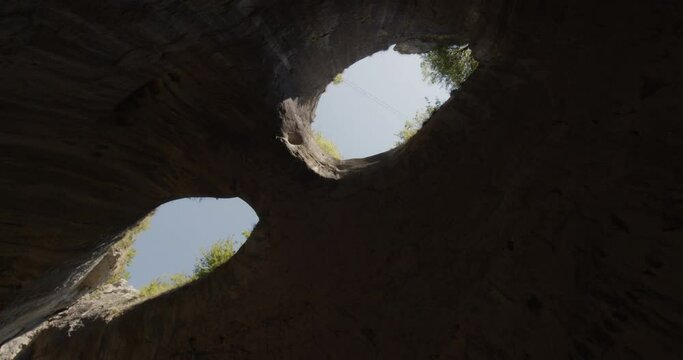 God's Eyes - erosion openings in Prohodna cave - a karst cave in north central Bulgaria, part of the Iskar-Panega geological park.