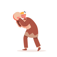 American Indian Boy in National Costume with Tambourine. Child Character in Traditional Dress of Indigenous American