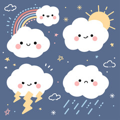 Cute weather elements set with cloud, sun, star, rainbow cartoon vector illustration