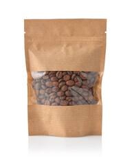 Front view of roasted coffee beans in paper bag