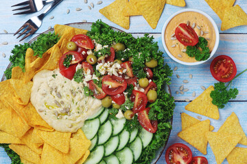 Hummus with vegetables salad and nachos