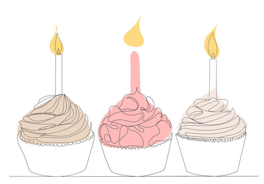 cake with a candle one continuous line drawing, vector sketch