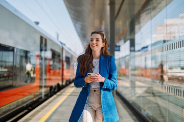 Young woman holding mobile in a train station. Commuting to work. Public transport concept. - obrazy, fototapety, plakaty