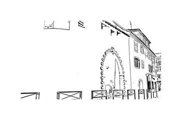 Building view with landmark of Mulhouse is a city in eastern France. Hand drawn sketch illustration in vector.
