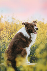 Border collie enjoying a field with yellow flowers, portrait of a trained dog