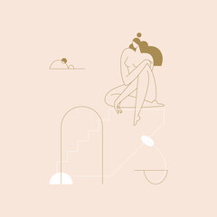 Female body vector illustration. Nude woman silhouette composition, geometric shapes feminine figure, boho colored contemporary design.Self care, body beauty concept for logo, branding. Modern art - 512125896