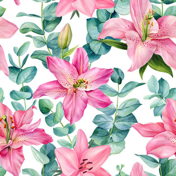 Seamless patterns of lilies flowers and eucalyptus leaves, floral background. Watercolor floral design